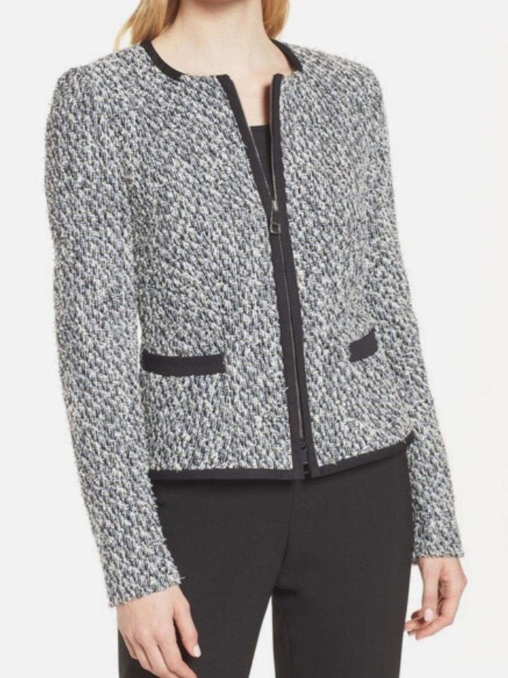 Hugo Boss Kalaila Gray Tweed Fringe Knit Black trim, Zip-Front Blazer, size 10